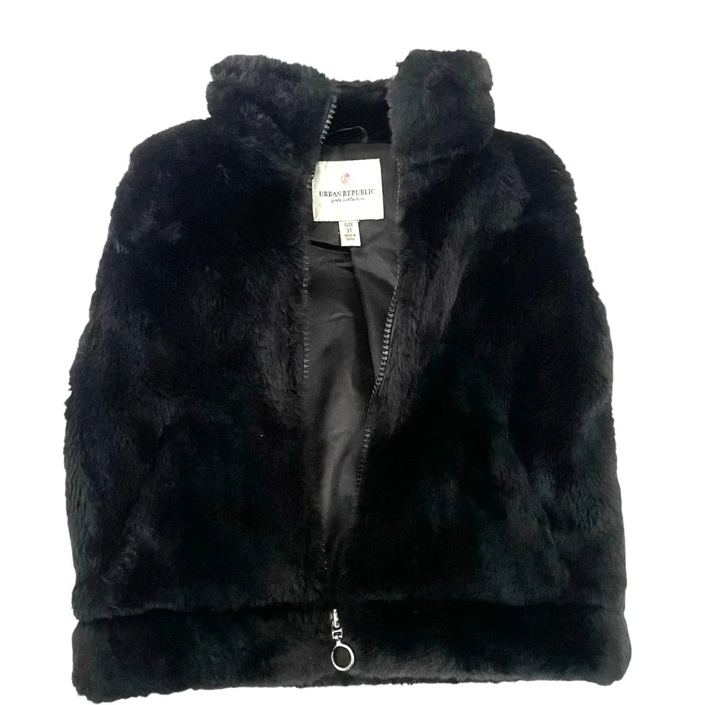 Urban Republic Girls Faux Fur Vest Size 3T Black Full Zip Up‎ Warm Cozy Jacket